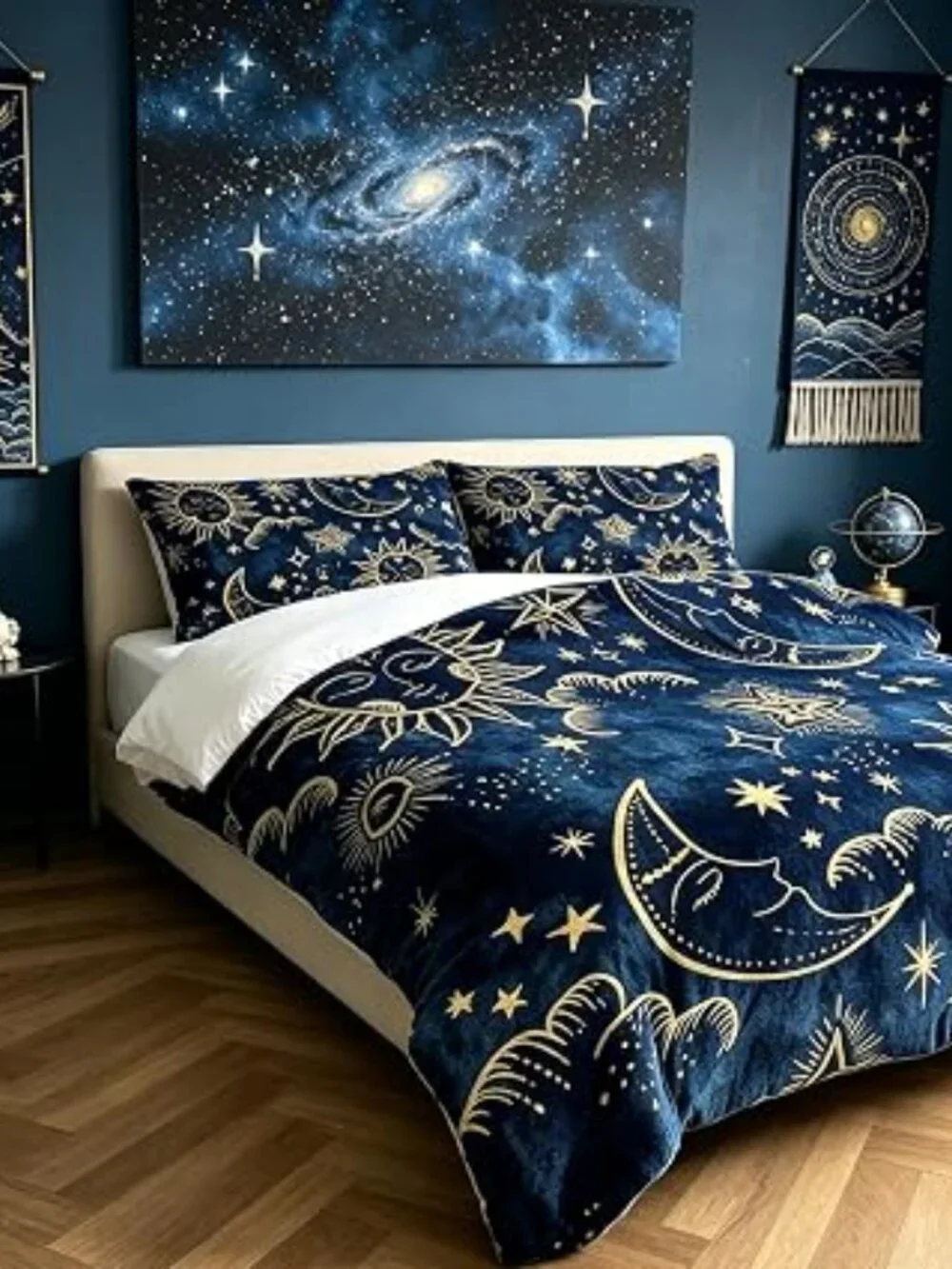 Celestial Comforter Set Full Size Blue Gold Sun and Moon Boho Bedding for Kids A